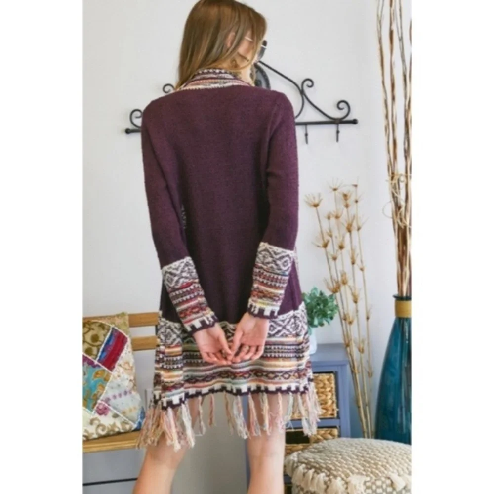 SOLD OUT Burgundy Bohemian Tribal Aztec Print Fringe Open Front Cardigan Knit - Picture 6 of 6